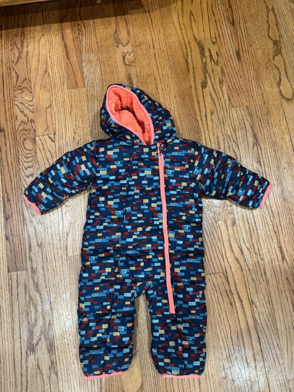Infant Columbia Puffer Snowsuit Bright Orange with Navy Print Size 6-12 Months